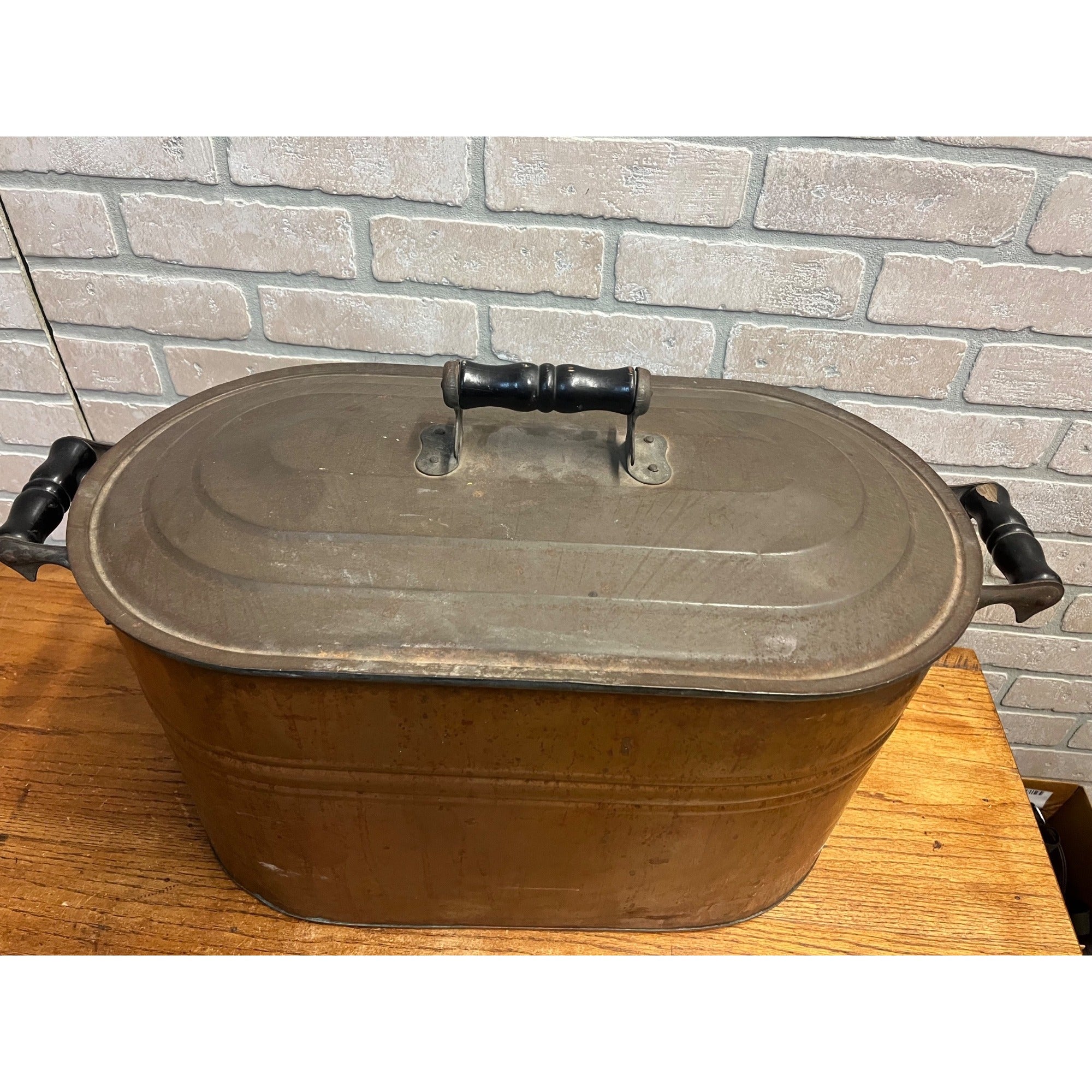 Antique Vintage Copper Boiler Wash Tub w/ Wood Handles & Lid