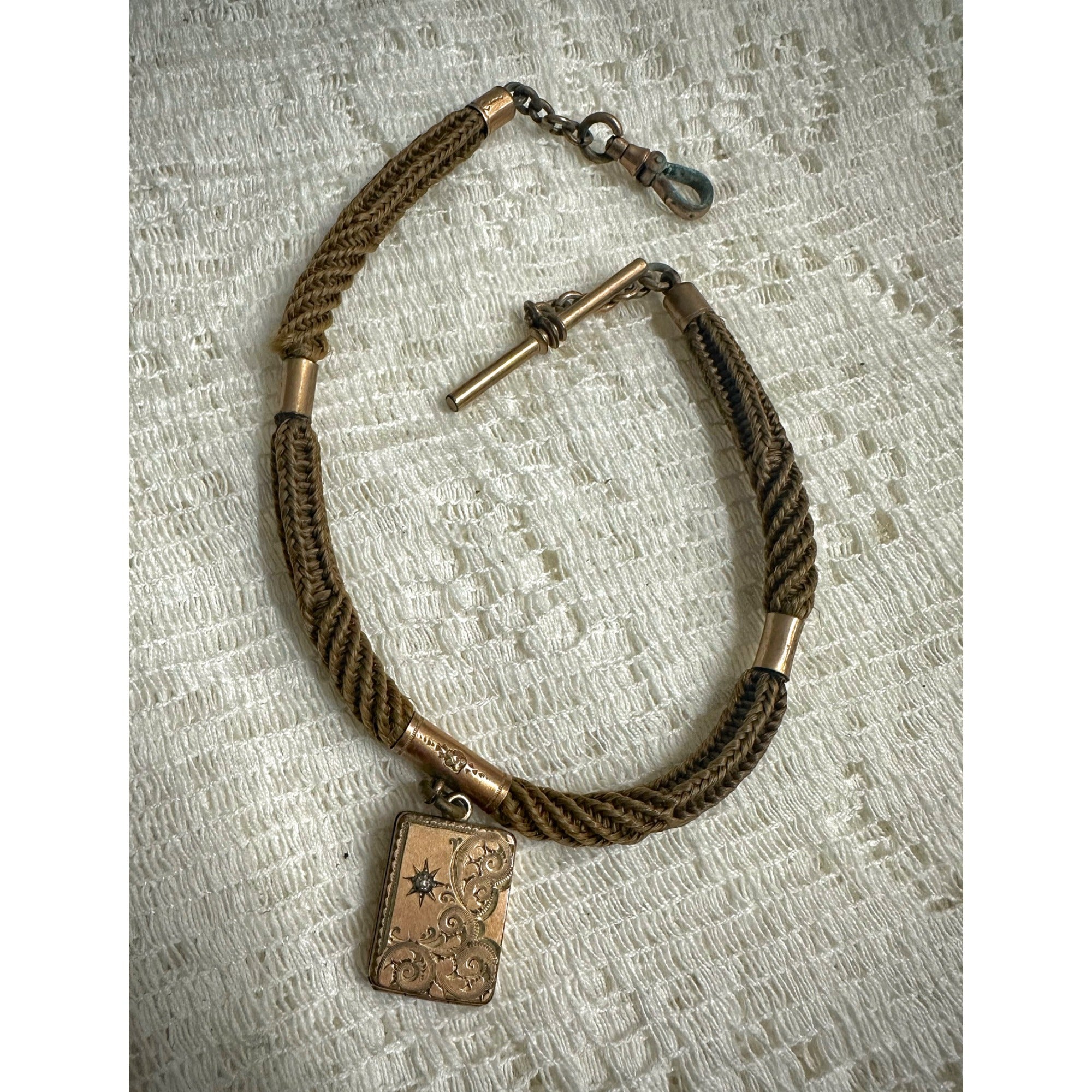 Victorian 19th c. Mourning/Sweetheart Braided Hair Watch Fob Chain w/ Star Celestial Locket