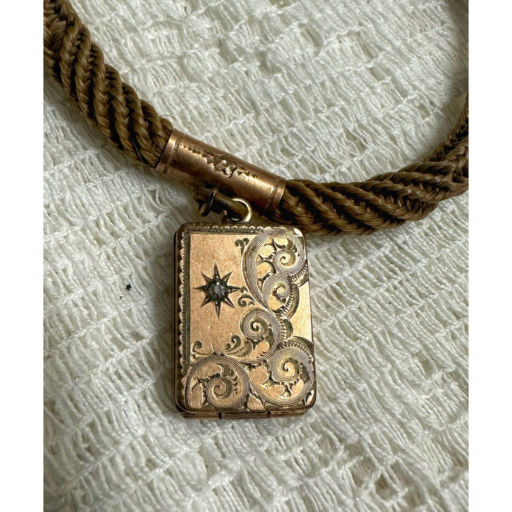 Victorian 19th c. Mourning/Sweetheart Braided Hair Watch Fob Chain w/ Star Celestial Locket
