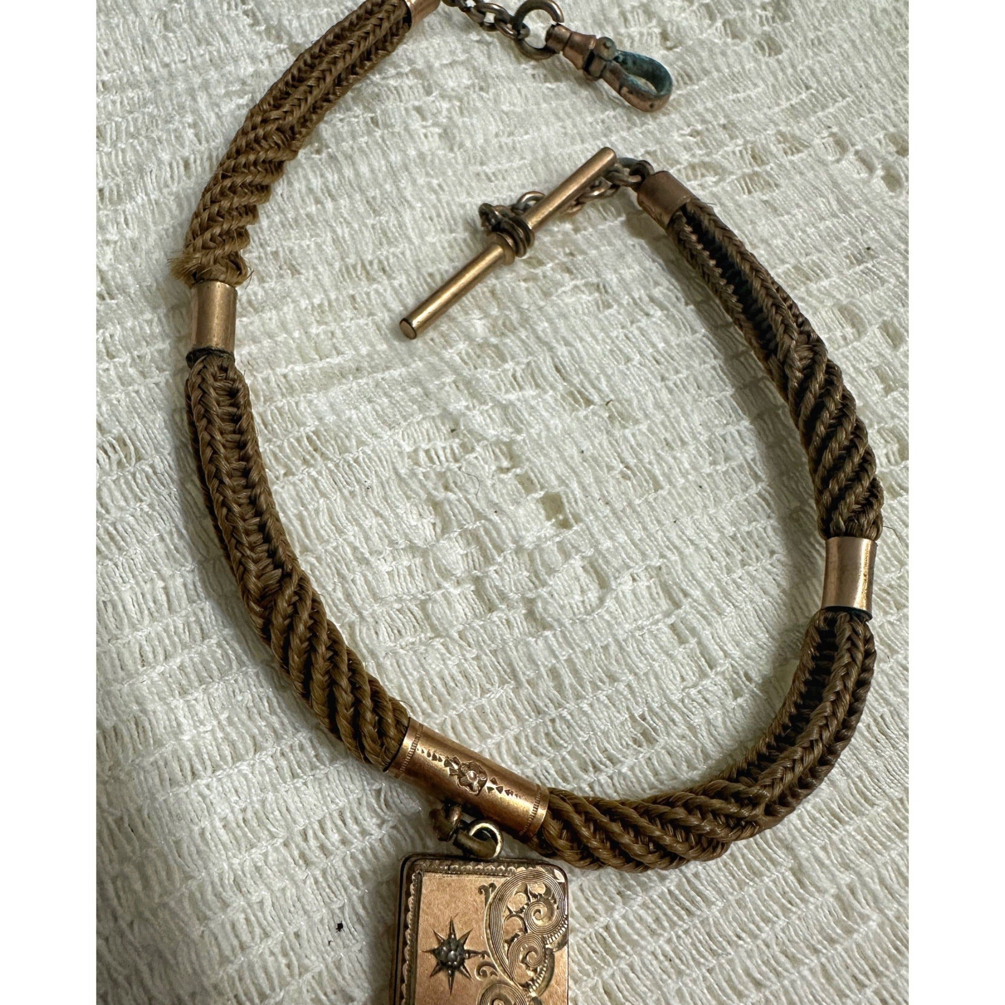 Victorian 19th c. Mourning/Sweetheart Braided Hair Watch Fob Chain w/ Star Celestial Locket