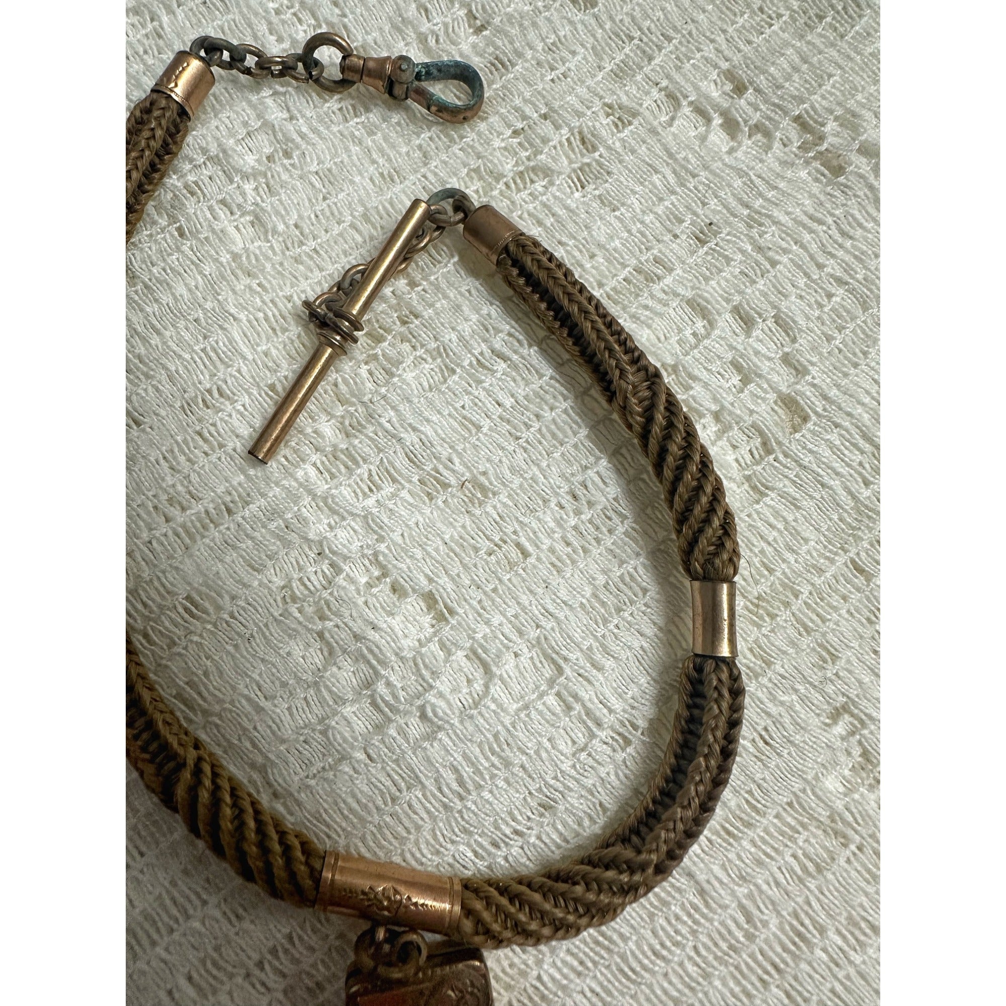 Victorian 19th c. Mourning/Sweetheart Braided Hair Watch Fob Chain w/ Star Celestial Locket