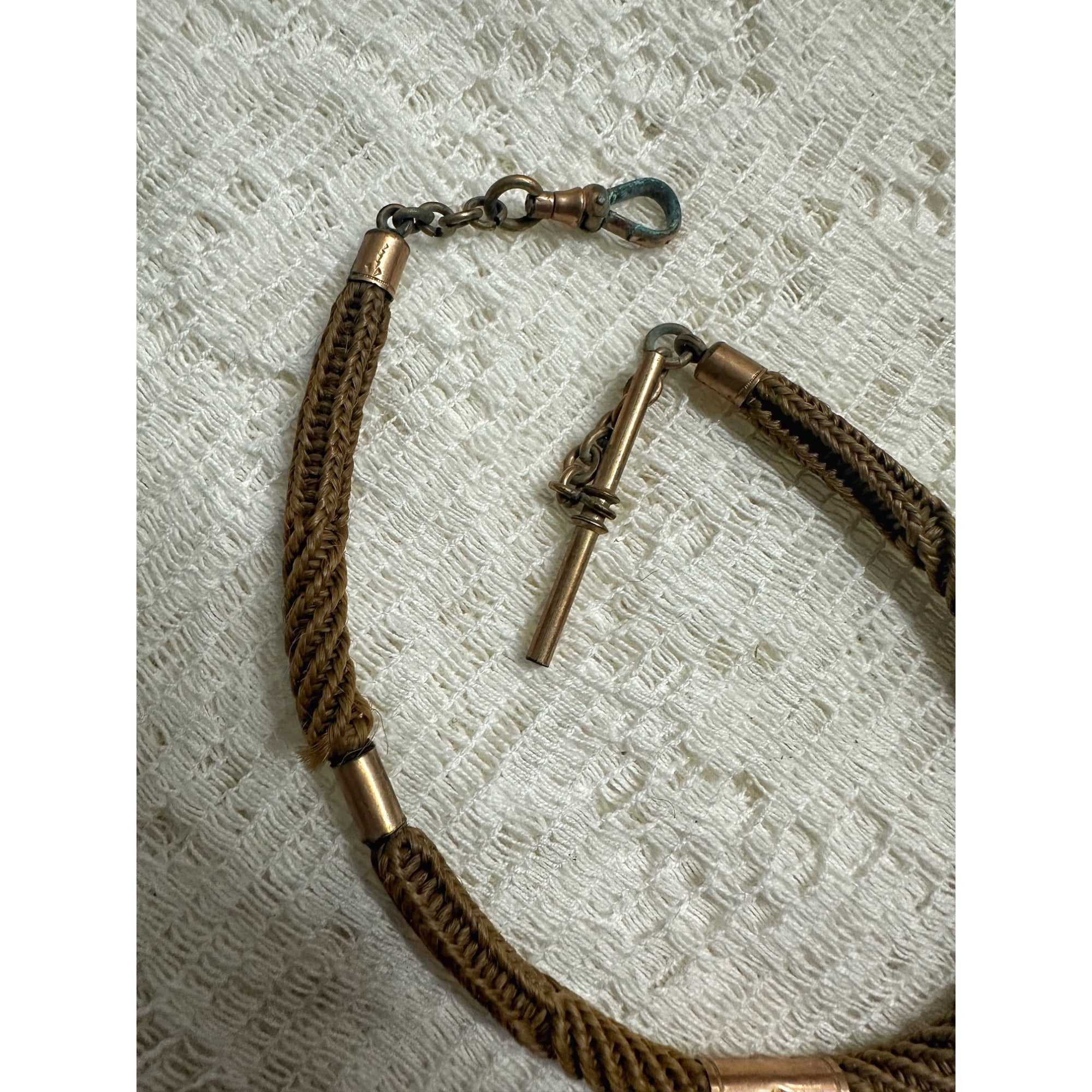 Victorian 19th c. Mourning/Sweetheart Braided Hair Watch Fob Chain w/ Star Celestial Locket