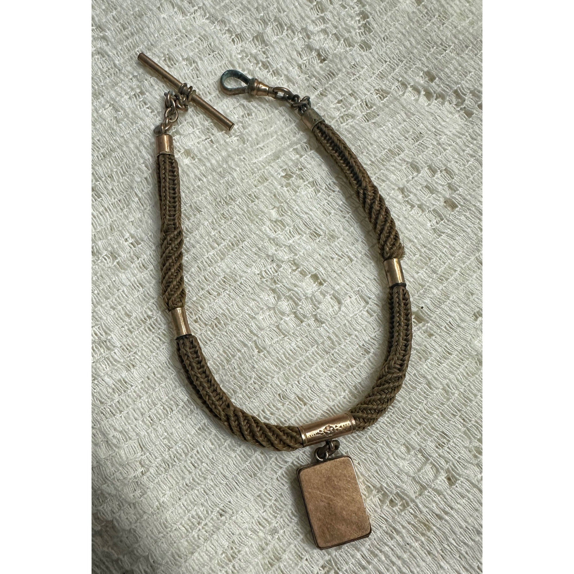 Victorian 19th c. Mourning/Sweetheart Braided Hair Watch Fob Chain w/ Star Celestial Locket