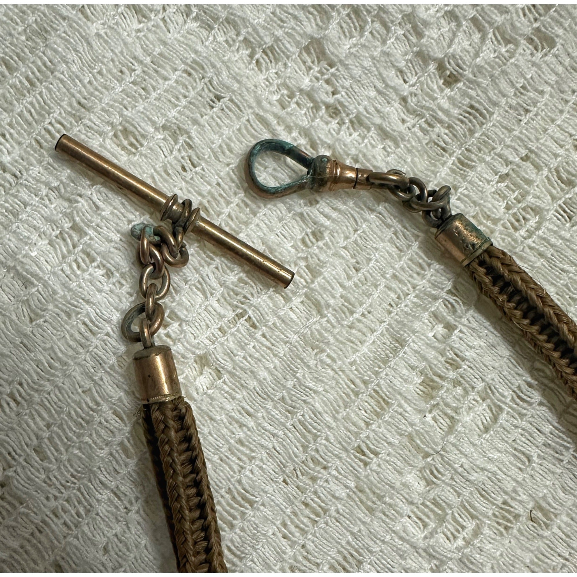 Victorian 19th c. Mourning/Sweetheart Braided Hair Watch Fob Chain w/ Star Celestial Locket