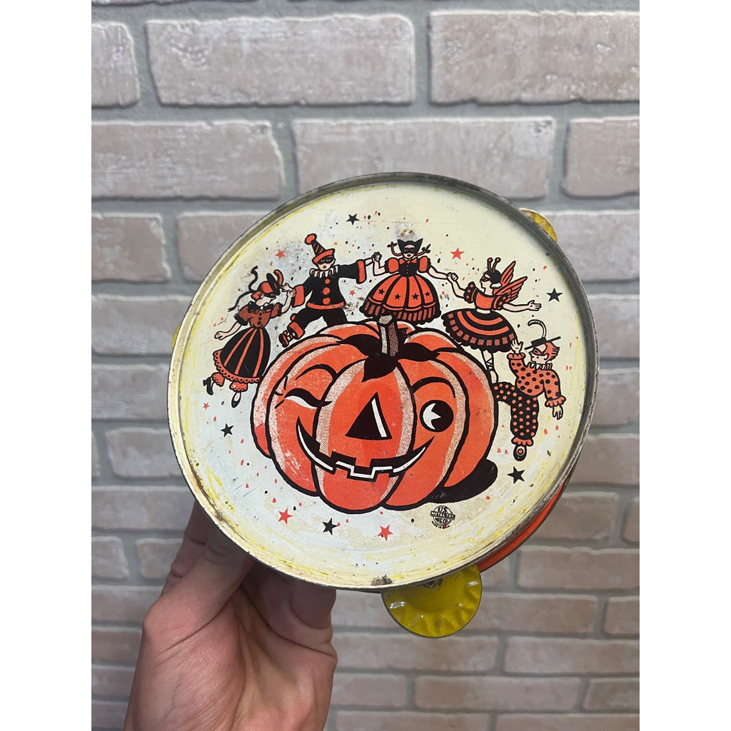 Vintage Halloween Tin Tambourine Noisemaker Daning w/ JOL US Metal Toy Co.