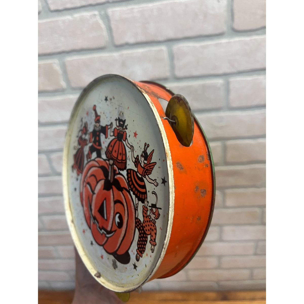 Vintage Halloween Tin Tambourine Noisemaker Daning w/ JOL US Metal Toy Co.