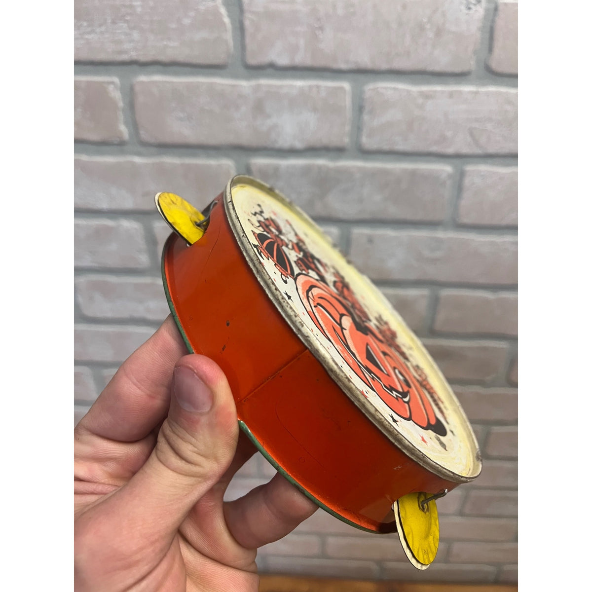 Vintage Halloween Tin Tambourine Noisemaker Daning w/ JOL US Metal Toy Co.