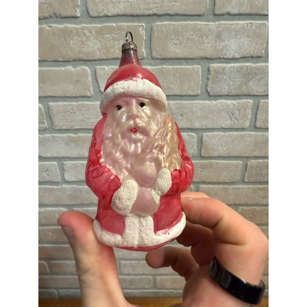 Antique  Santa Claus Father Christmas Holding Tree Glass Ornament