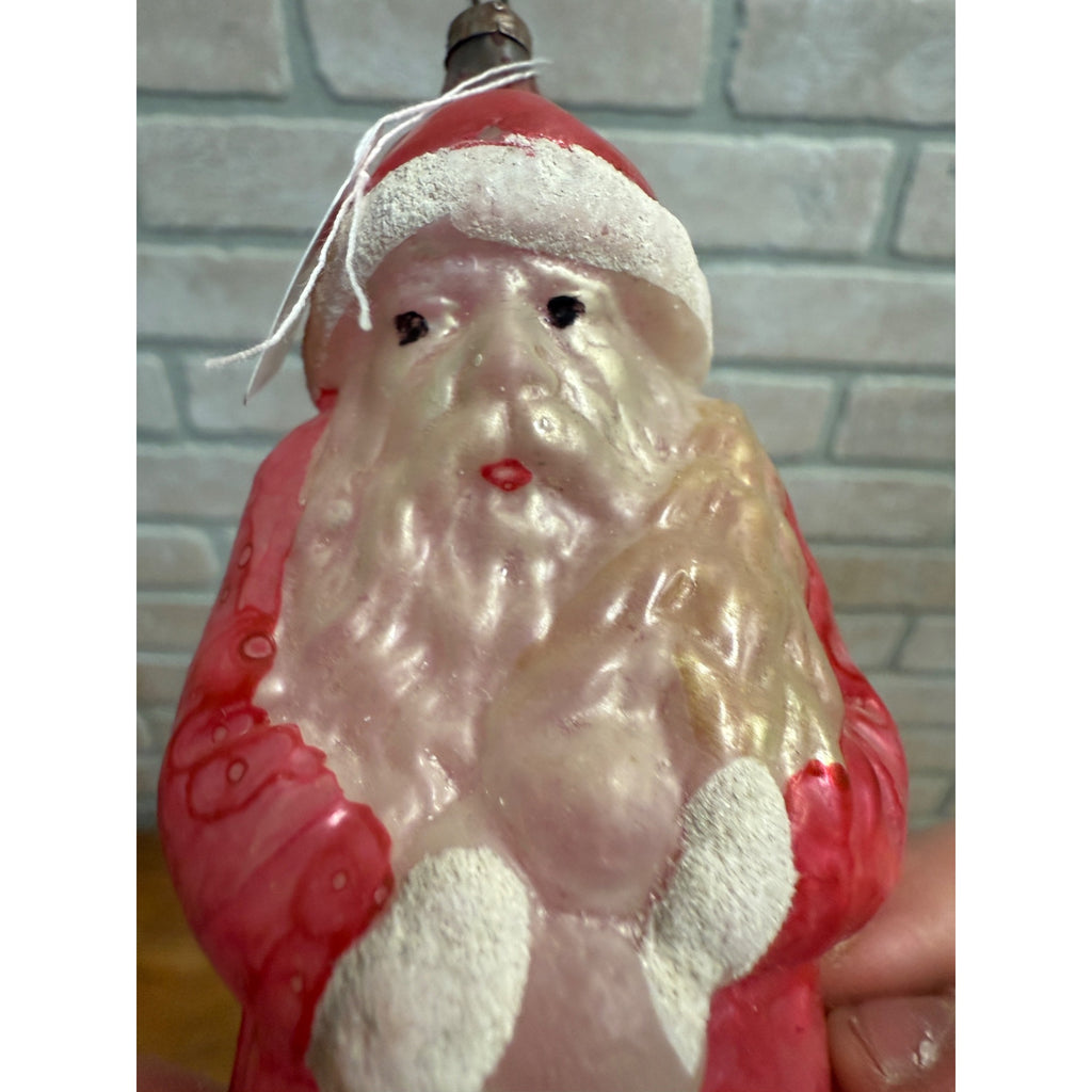 Antique  Santa Claus Father Christmas Holding Tree Glass Ornament