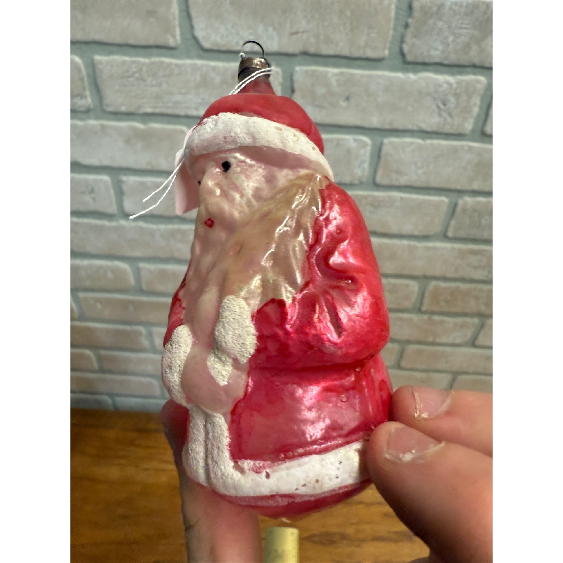 Antique  Santa Claus Father Christmas Holding Tree Glass Ornament