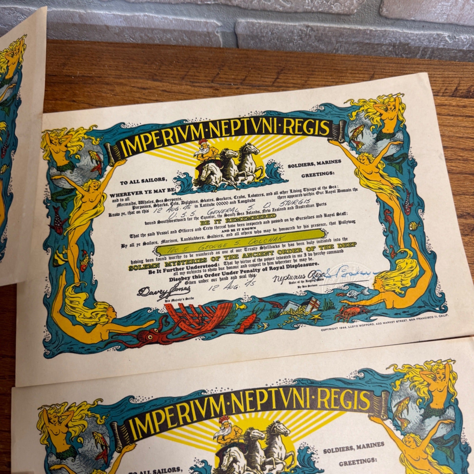 WW2 USS S.D. Sturgis Imperium Neptuni Regis Certificate Equator US Navy 3166