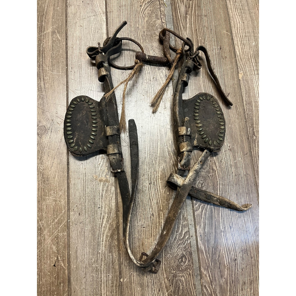 Antique 19th Century Horse Equestrian Leather Bridal Blinders Headstall Primitive