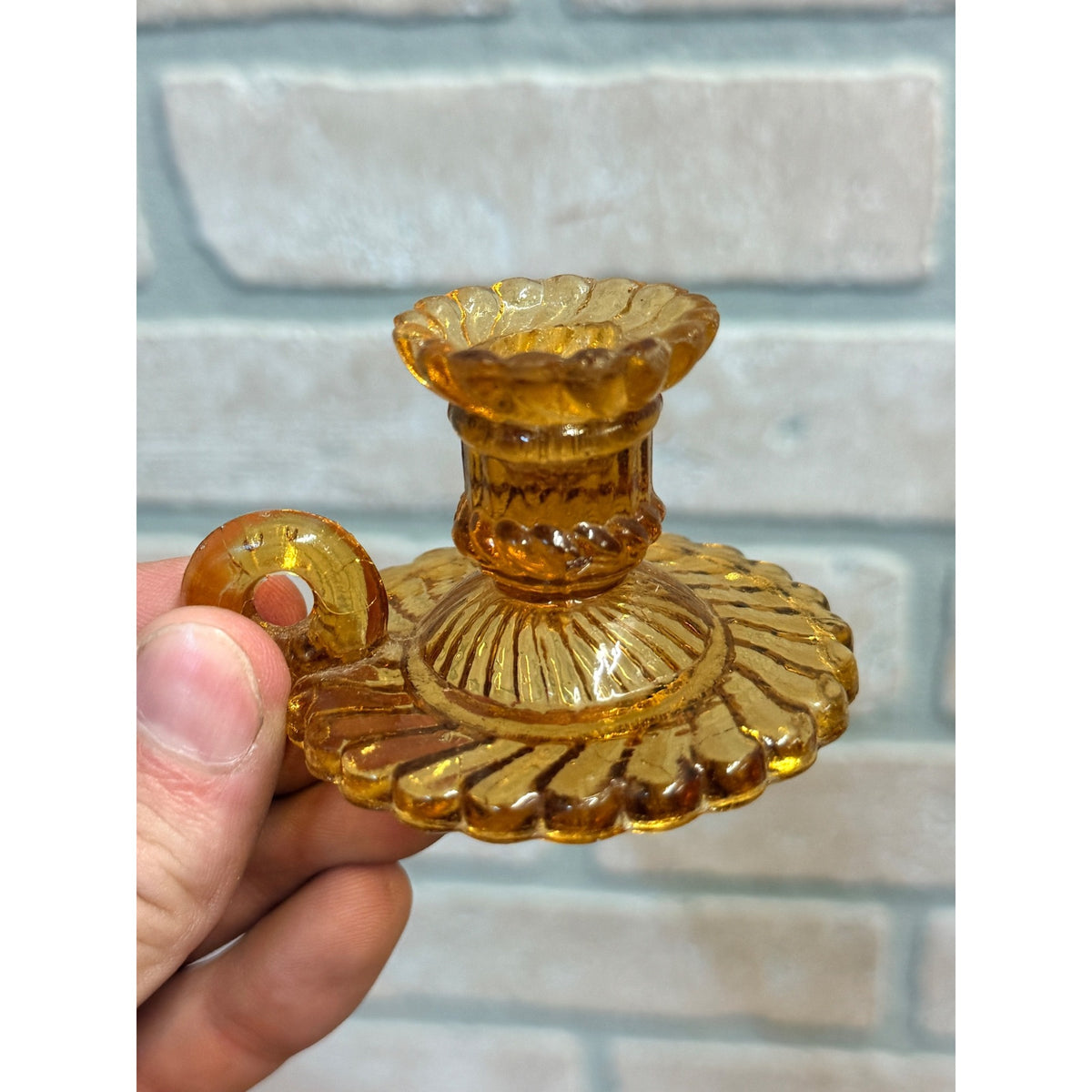 Vintage Childs Miniature Amber Glass Embossed Candle Sticker Holder