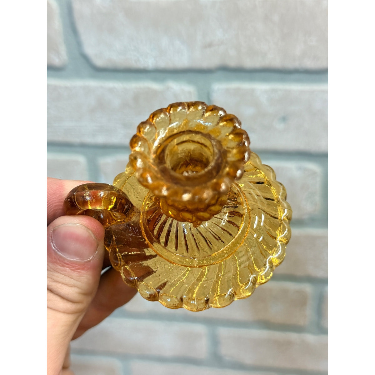 Vintage Childs Miniature Amber Glass Embossed Candle Sticker Holder