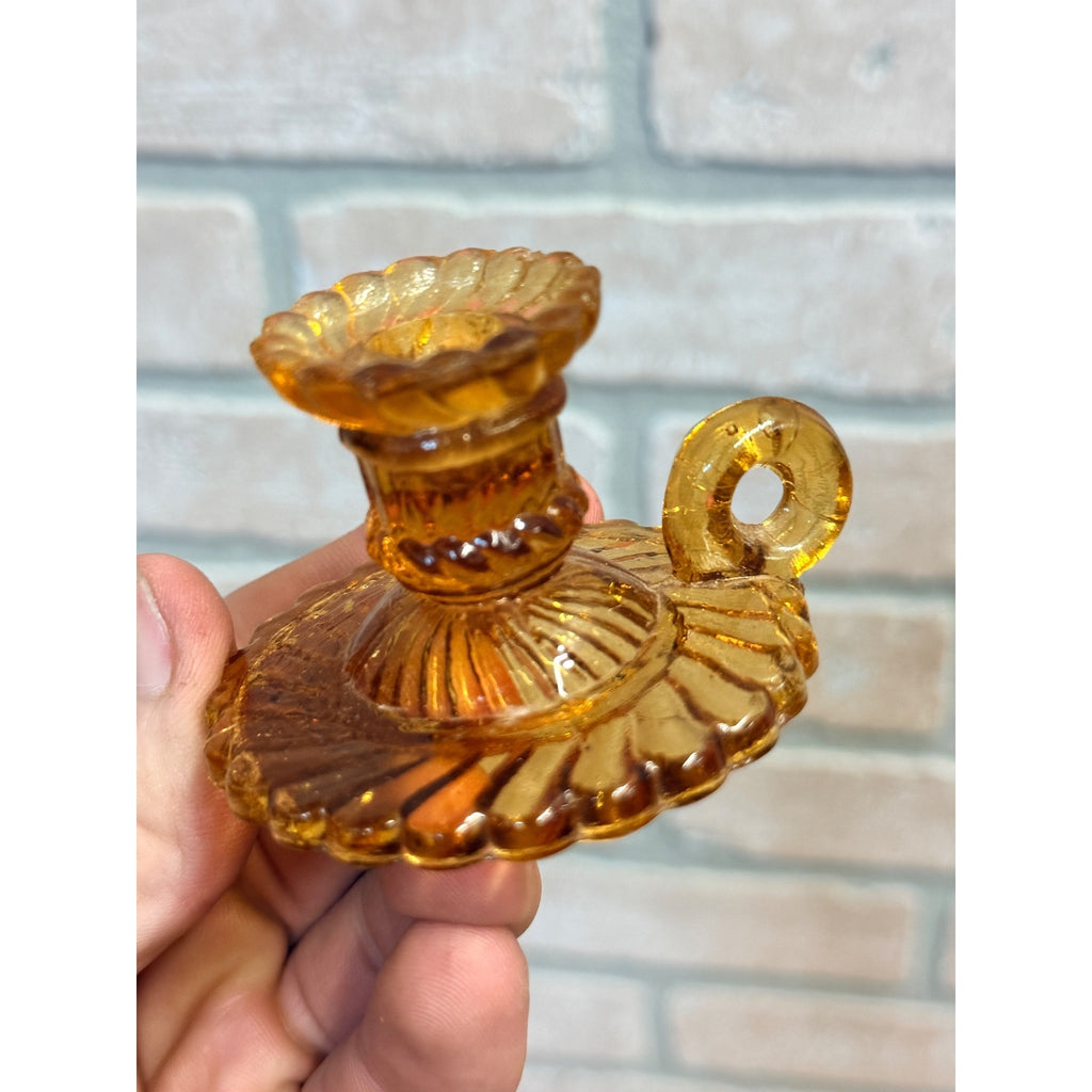 Vintage Childs Miniature Amber Glass Embossed Candle Sticker Holder