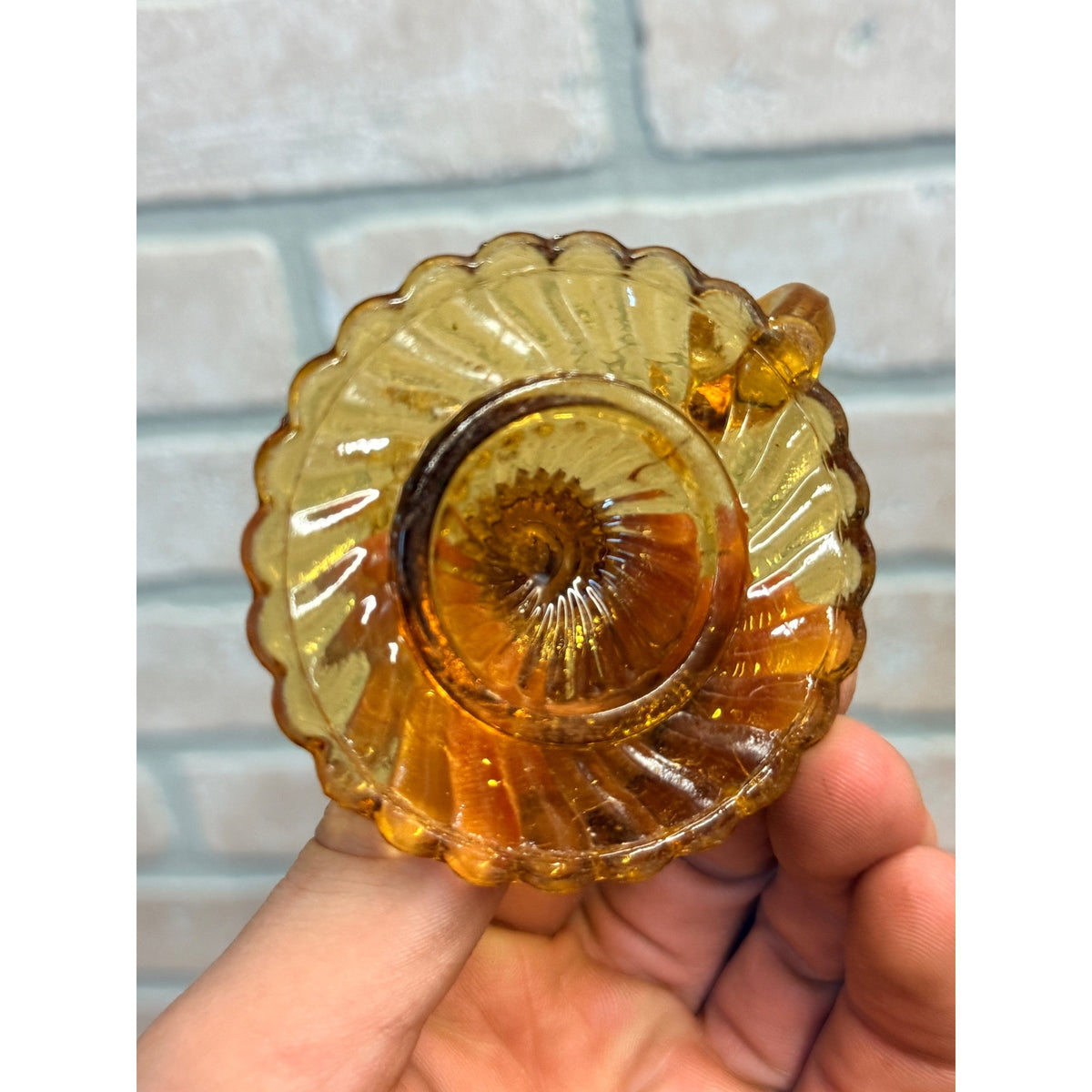 Vintage Childs Miniature Amber Glass Embossed Candle Sticker Holder