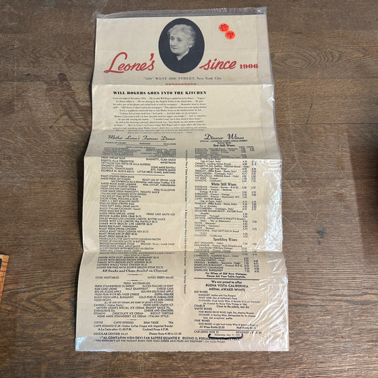 Vintage 1955 MOTHER LEONE'S ITALIAN RESTAURANT Dinner Menu New York City