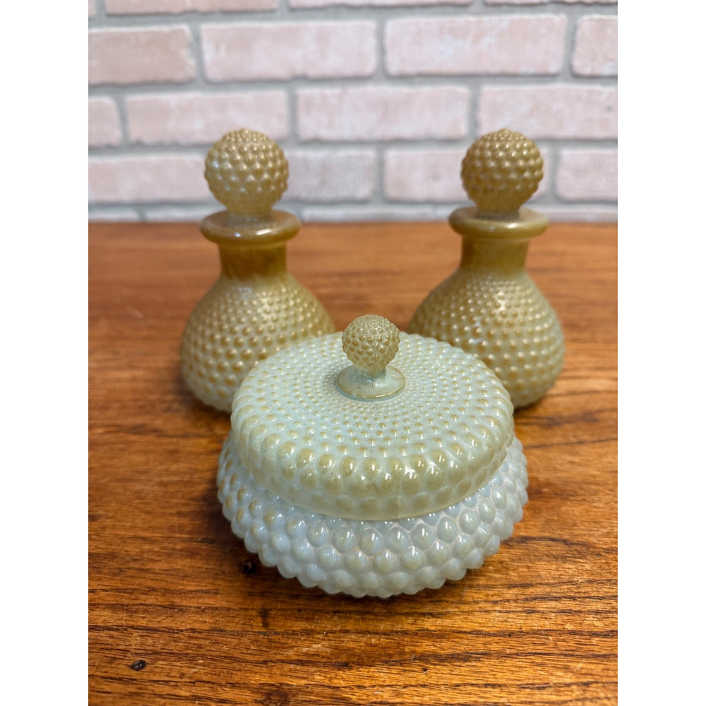 Vintage c1950s Hobnail Glass Perfume & Powder Jar Lidded Dresser Vanity Set Fenton?