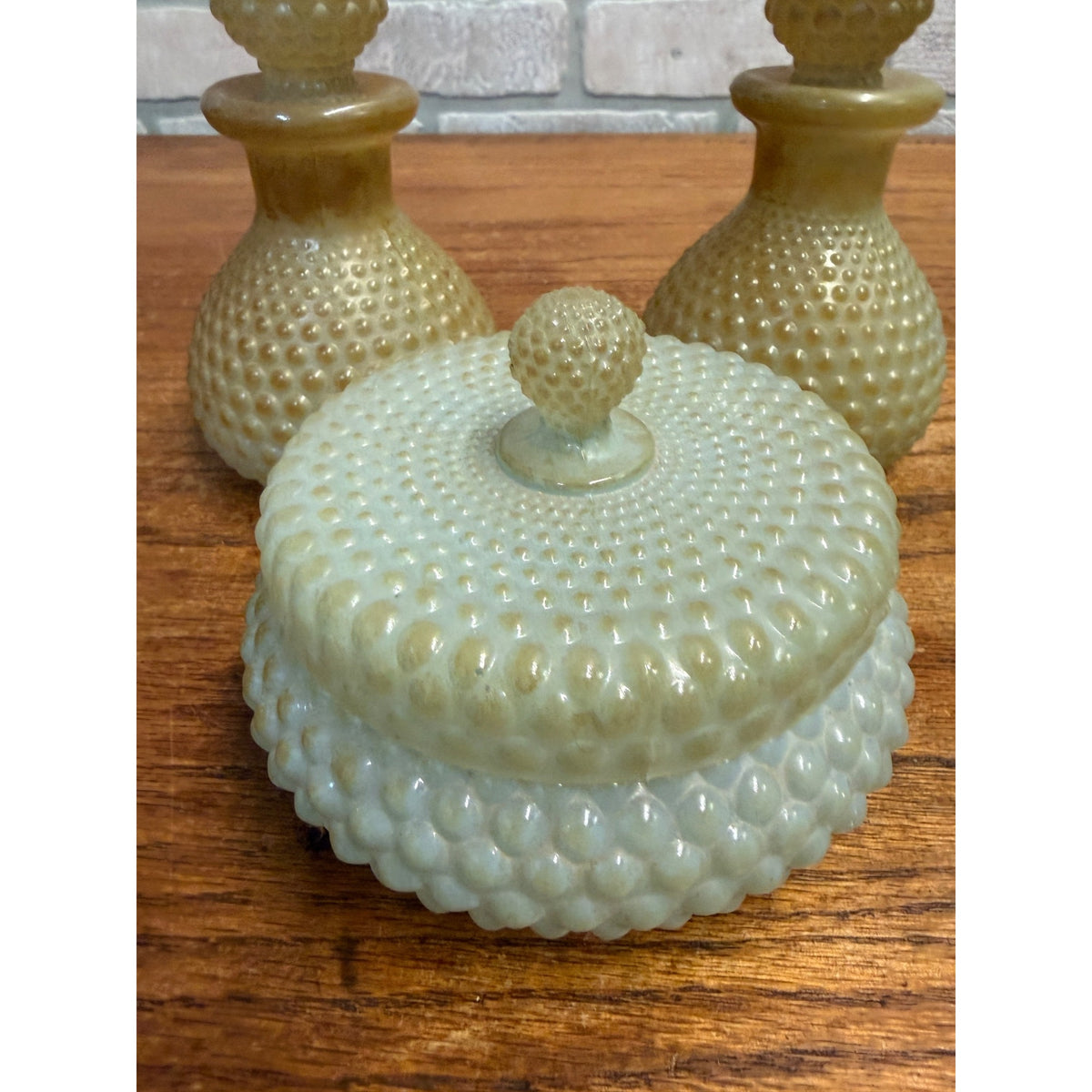 Vintage c1950s Hobnail Glass Perfume & Powder Jar Lidded Dresser Vanity Set Fenton?