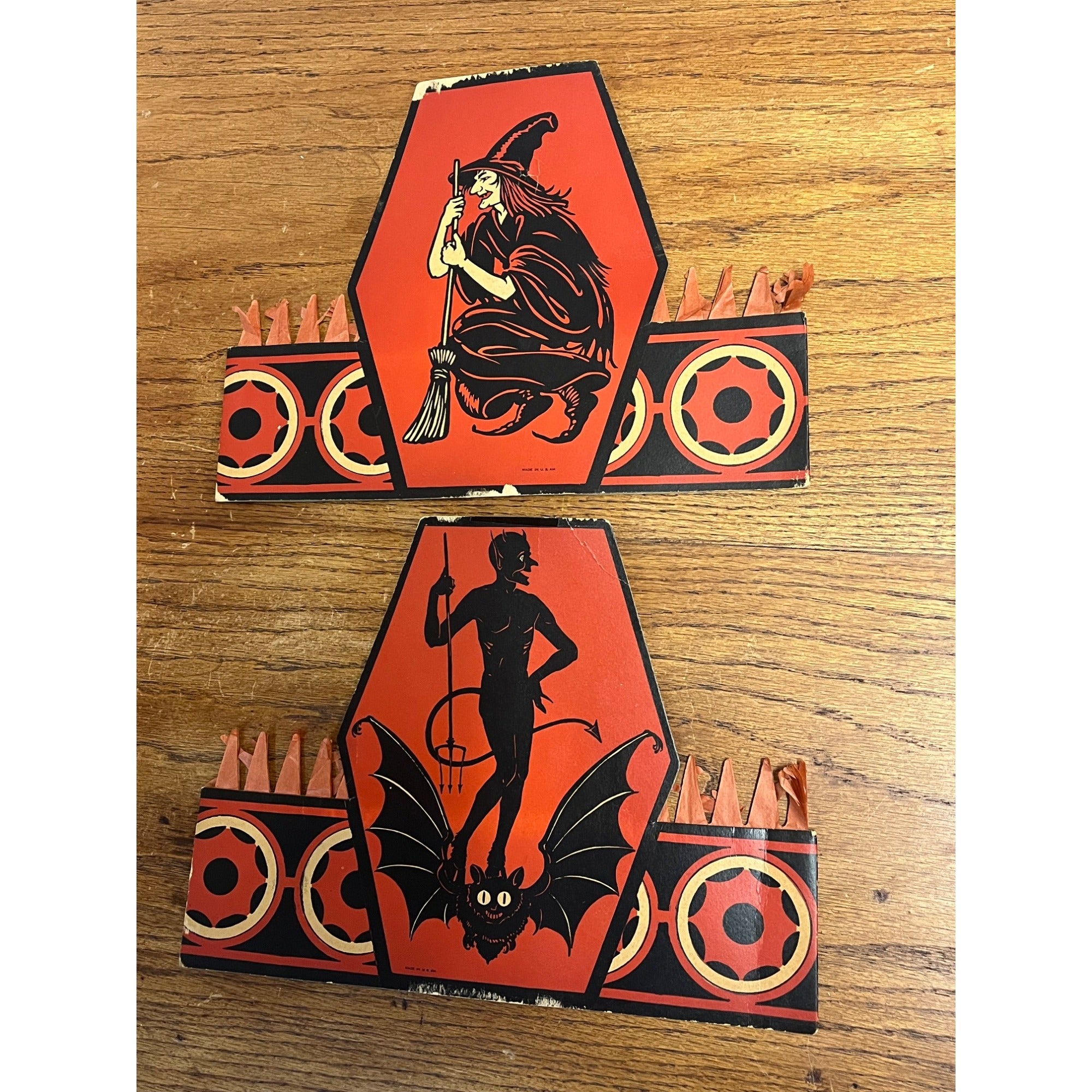 EXCEEDINGLY RARE Antique Beistle Halloween Party Hats Devil Riding Bat & Witch