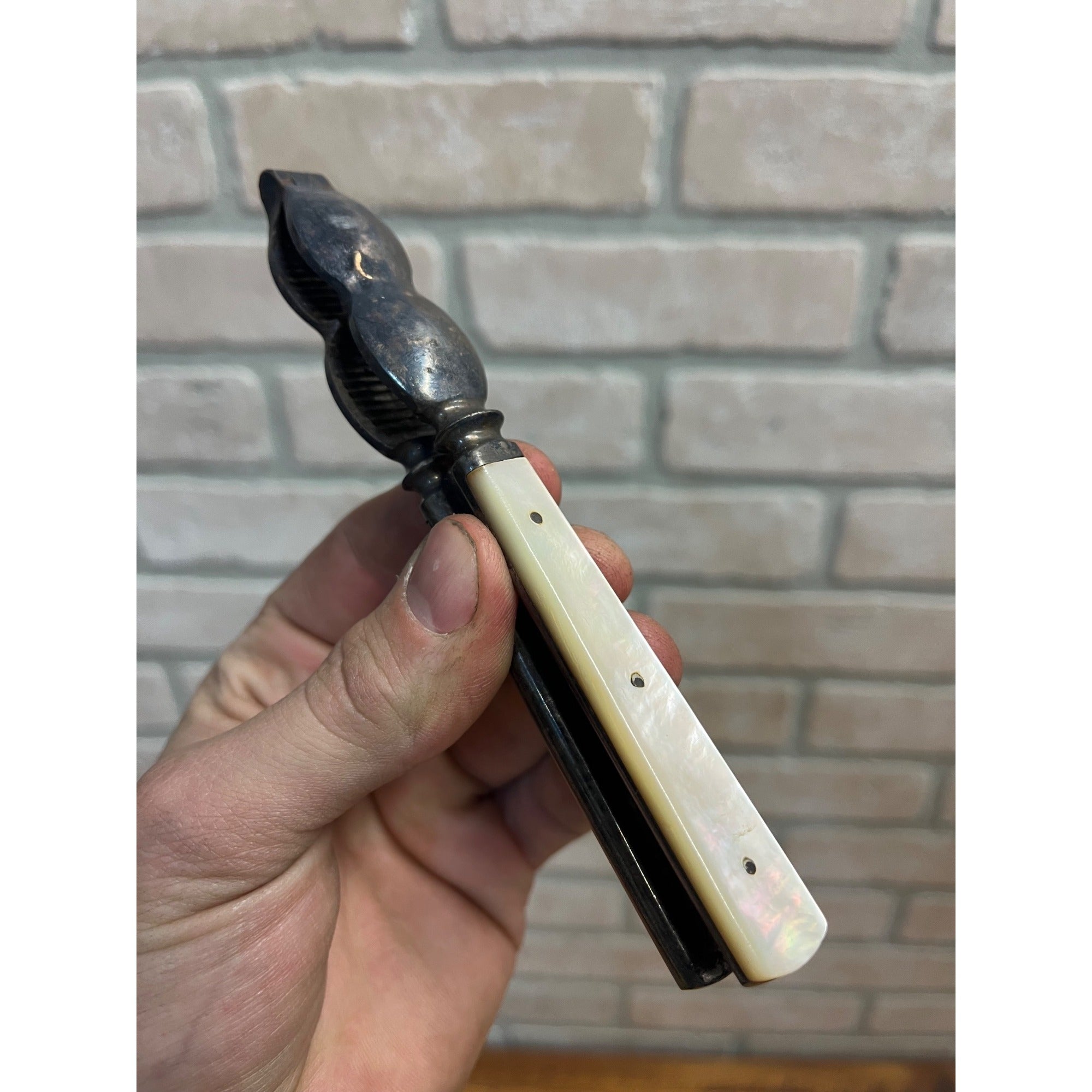 Vintage Mother of Pearl Double Nut Cracker Silver Tone MOP Victorian Utensil