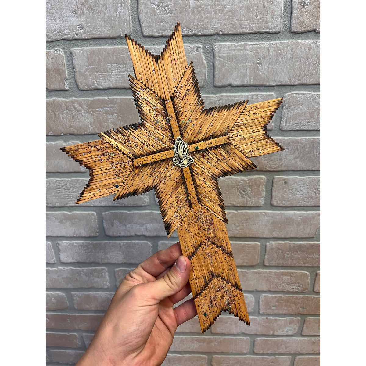 Vintage Burnt Wood Match Stick Cross Handmade Folk Tramp Art 13"