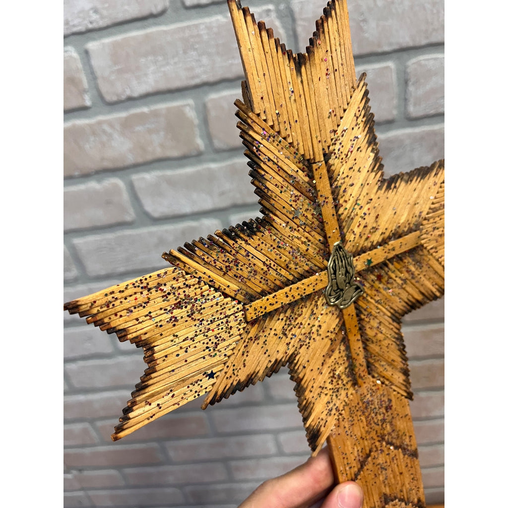 Vintage Burnt Wood Match Stick Cross Handmade Folk Tramp Art 13"