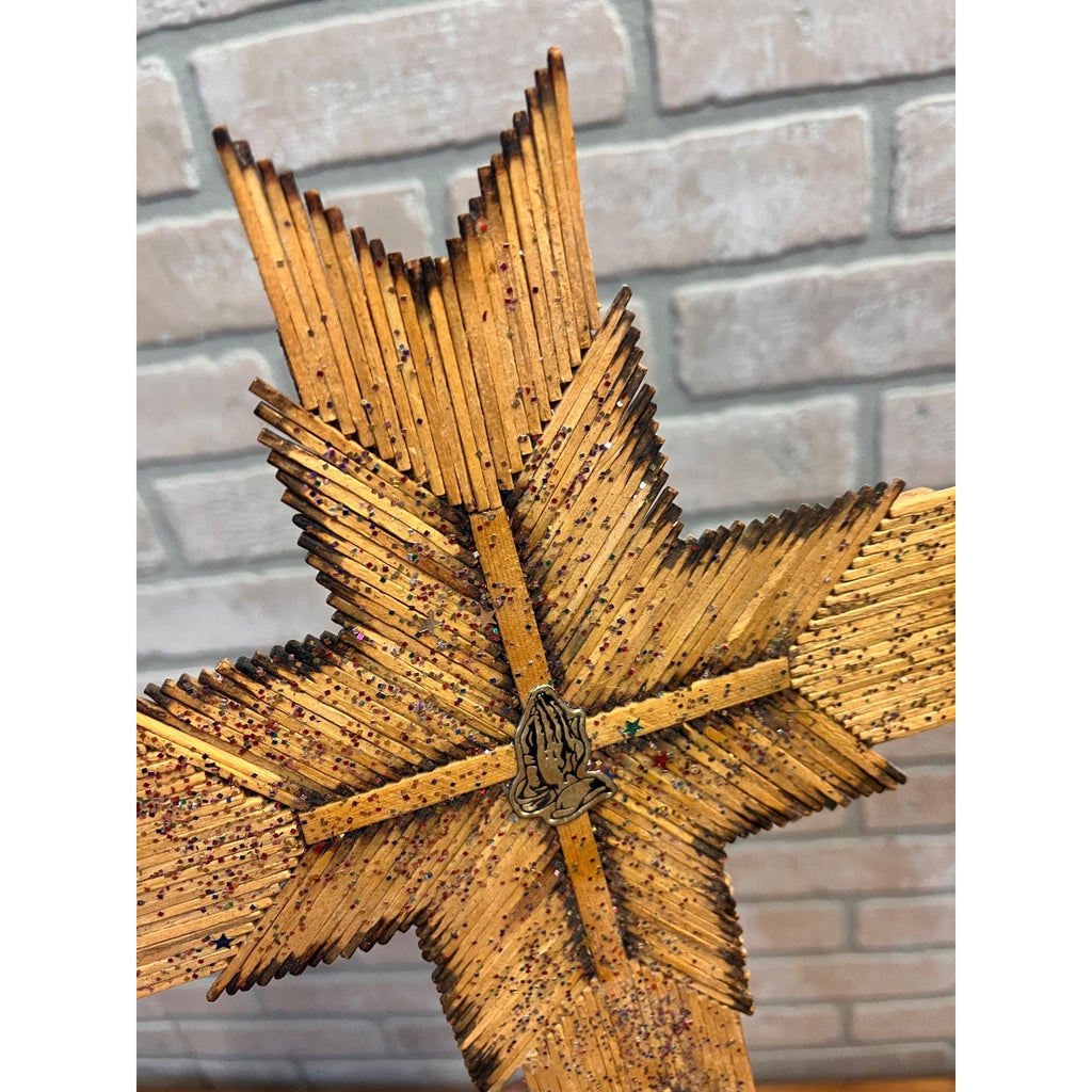 Vintage Burnt Wood Match Stick Cross Handmade Folk Tramp Art 13"