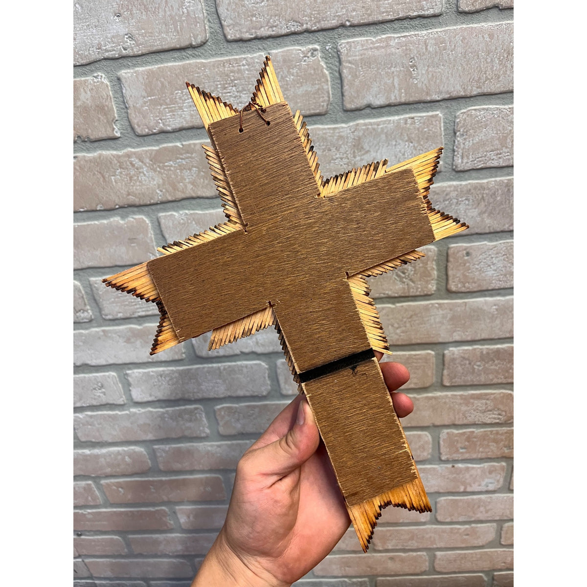 Vintage Burnt Wood Match Stick Cross Handmade Folk Tramp Art 13"