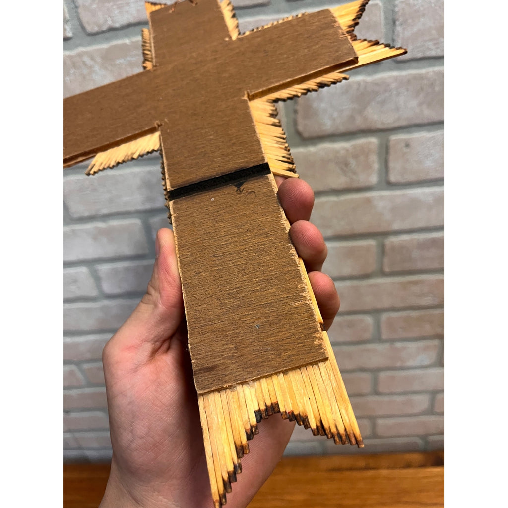 Vintage Burnt Wood Match Stick Cross Handmade Folk Tramp Art 13"