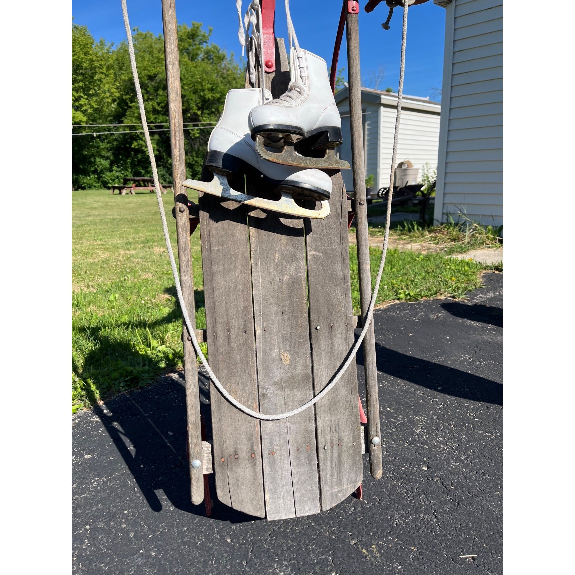Antique Wooden Child's Winter Sled Christmas Decor w/ White Skates