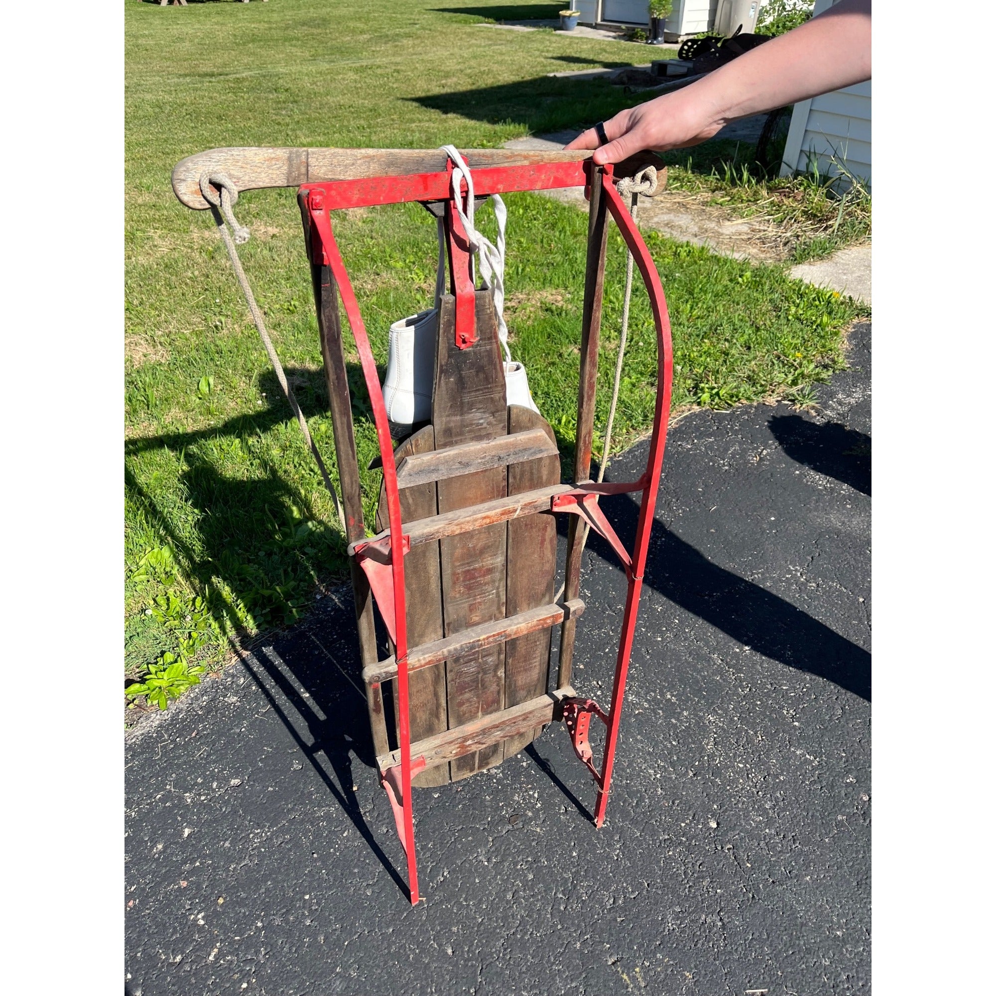 Antique Wooden Child's Winter Sled Christmas Decor w/ White Skates