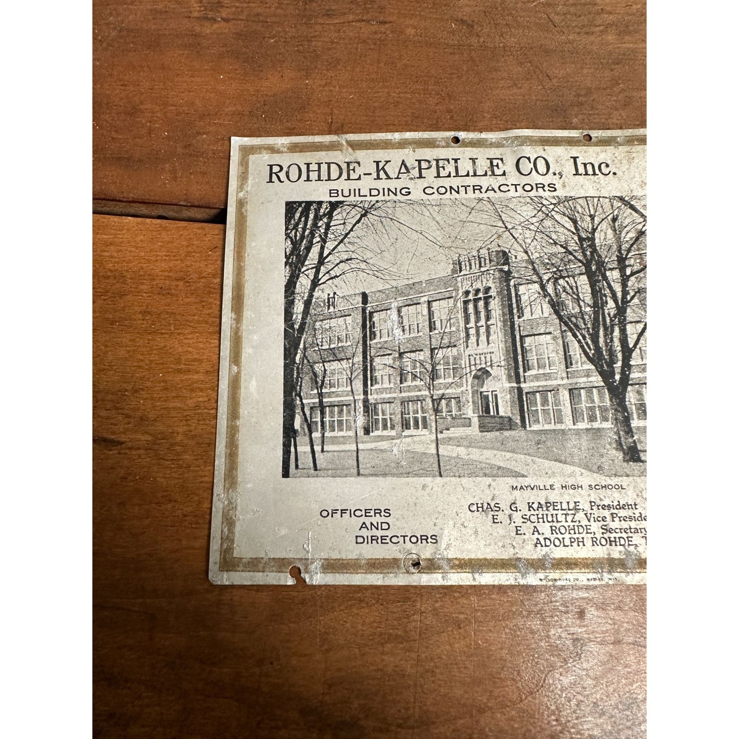 Vintage 1900s Rohde-Kapelle Co. Building Contractors Mayville Wis Advertising Sign