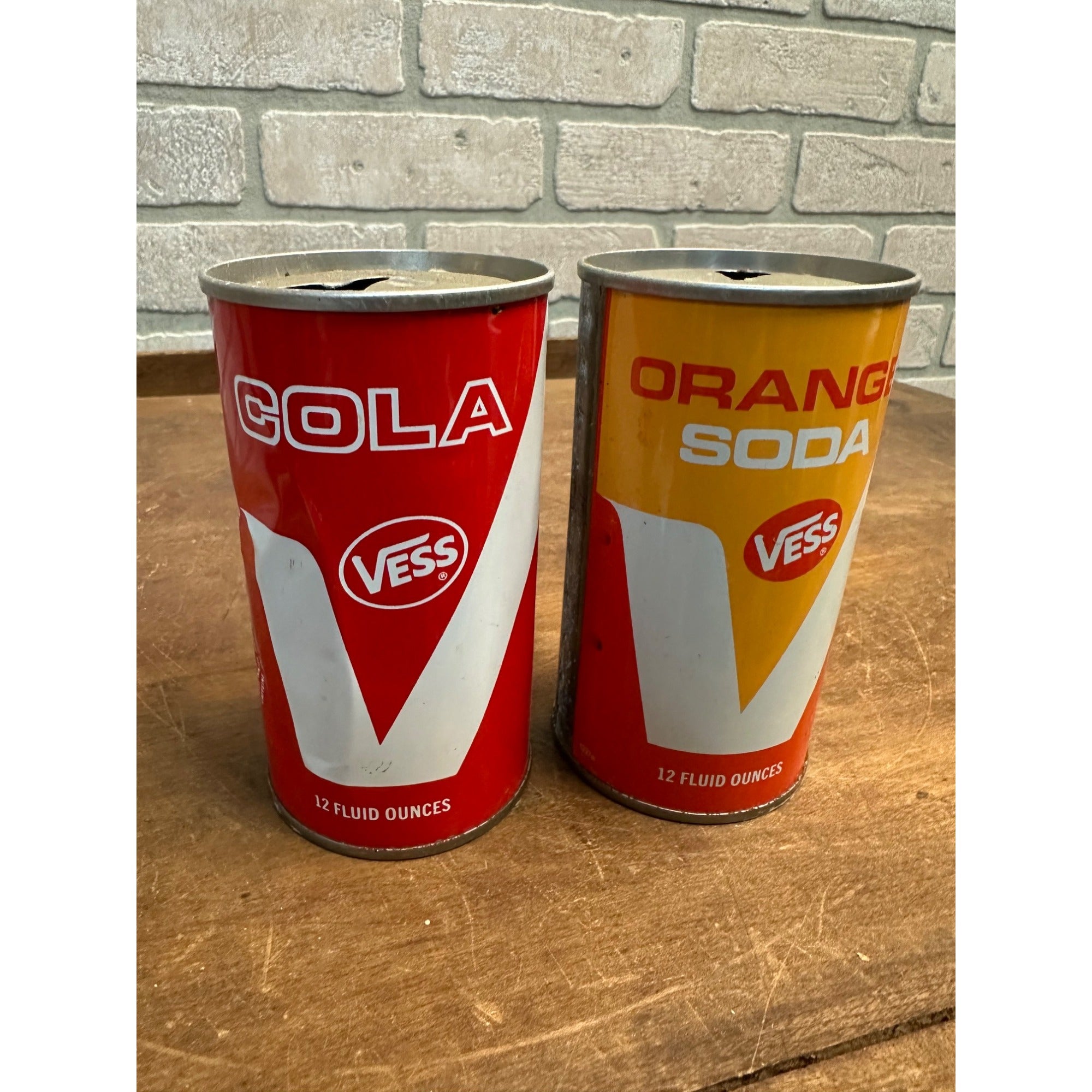 Vintage Vess Soda Pop Cans (2) Cola + Orange Steel Pull Tab Flat Top