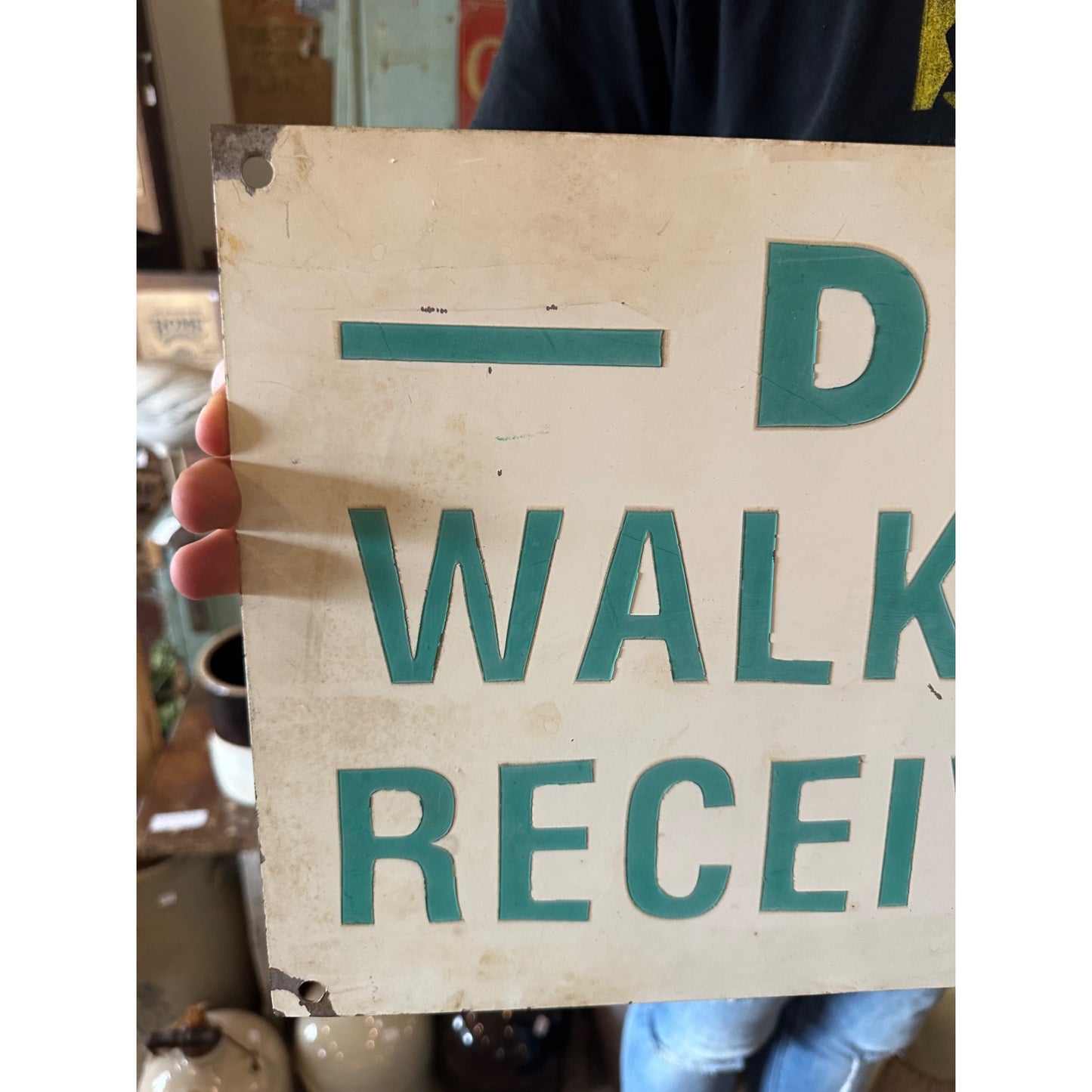 Vintage Industrial "Do Not Walk Through Receiving Yard" Steel Metal Sign Advertising Decor