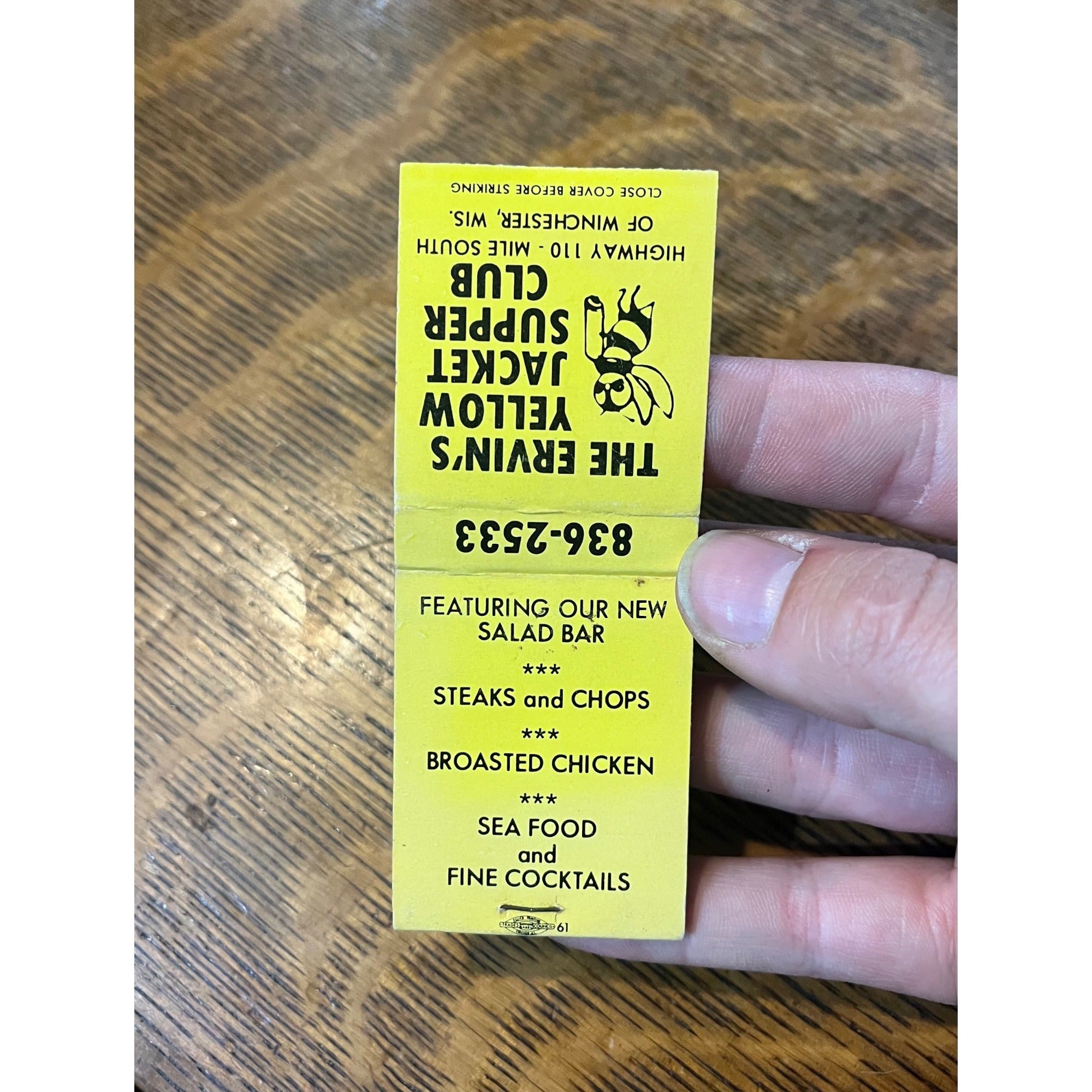 Vintage Unstruck Matchbook Advertising  - The Ervins Yellow Jacket Supper Club -Winchester, Wis
