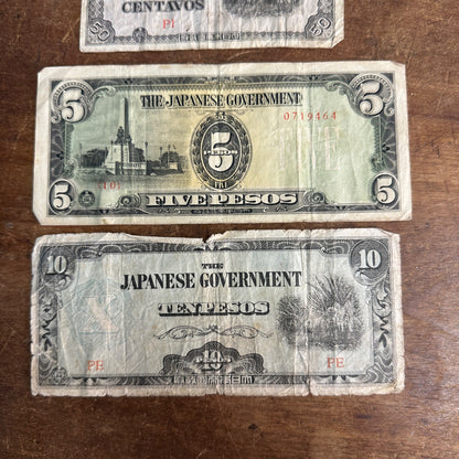 (3) THE JAPANESE GOVERNMENT FIFTY (50) CENTAVOS PAPER MONEY WWII 5 10 Pesos