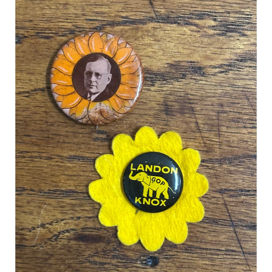 Vintage 1936 Alf Landon 1.5" Sunflower Presidential Campaign Button + Photo Pin 1-1/2"