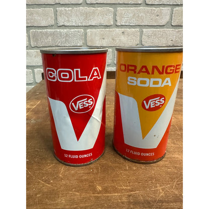 Vintage Vess Soda Pop Cans (2) Cola + Orange Steel Pull Tab Flat Top