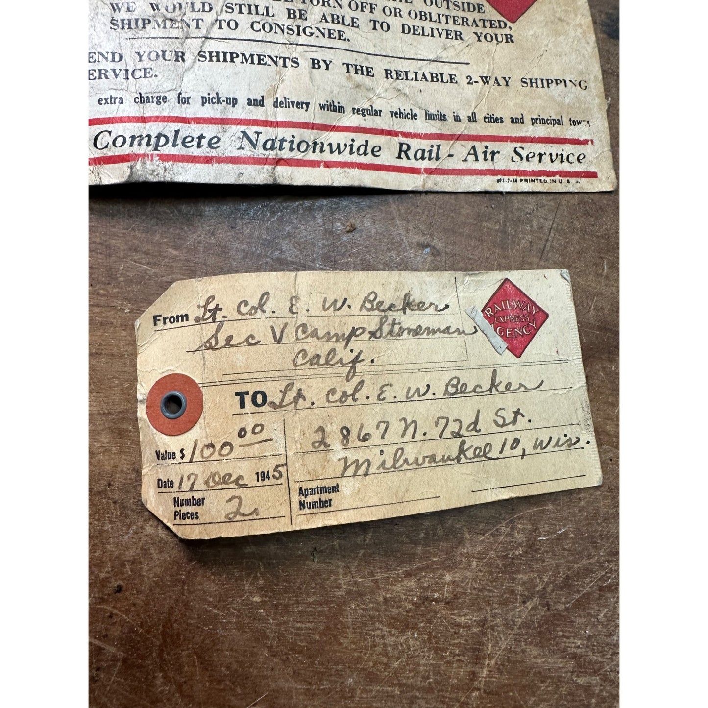 Vintage 1945 Railroad Agency Shipping Luggage Tags Milwaukee Wis