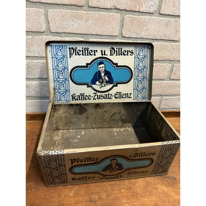 VINTAGE EARLY 1900S PFEIFFER U. DILLERS KAFFEE-ZULATZ-ELLENZ COFFEE TIN ADVERTISING