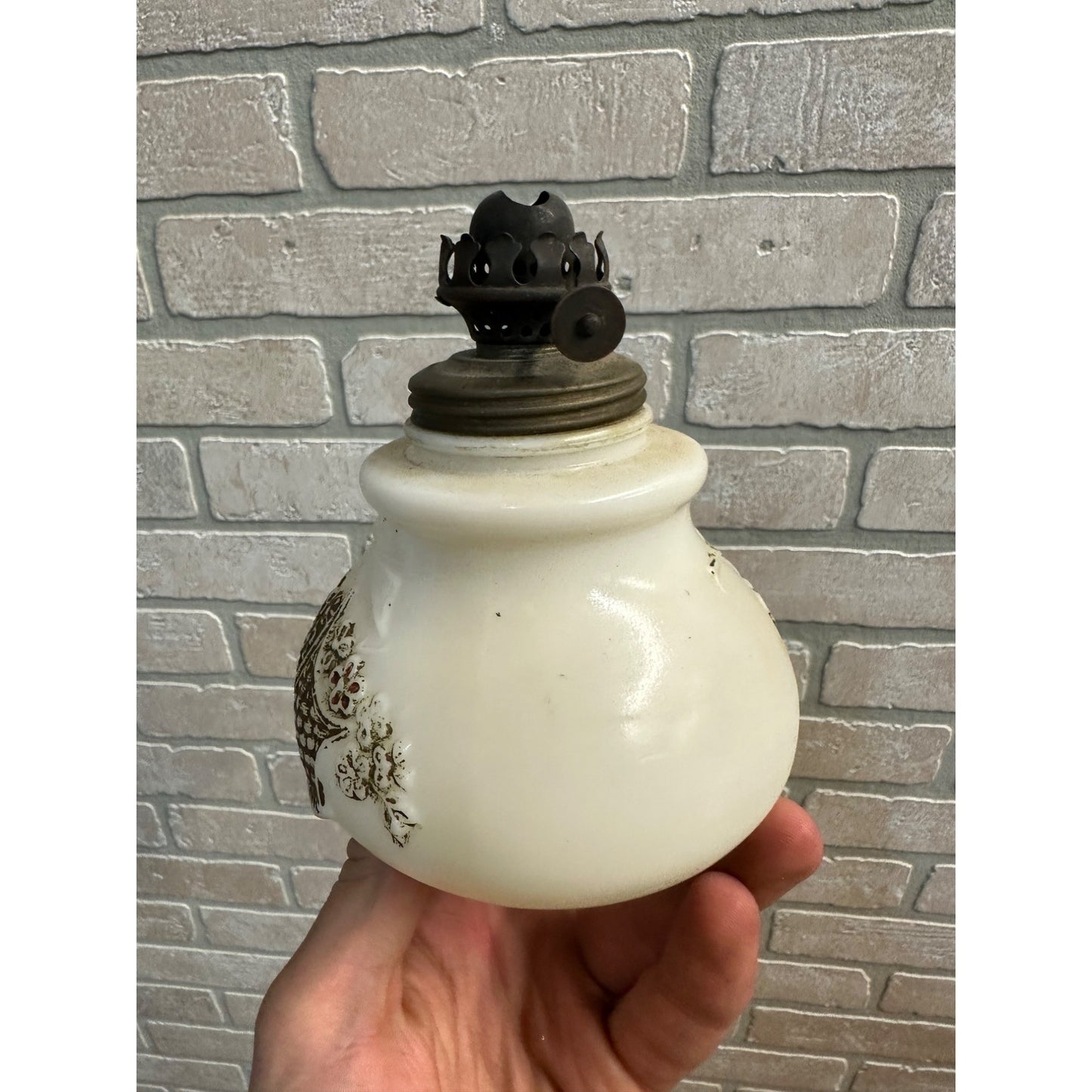 Antique 19th Century Milk Glass Embossed Floral Basket OIl Lamp 5.5"