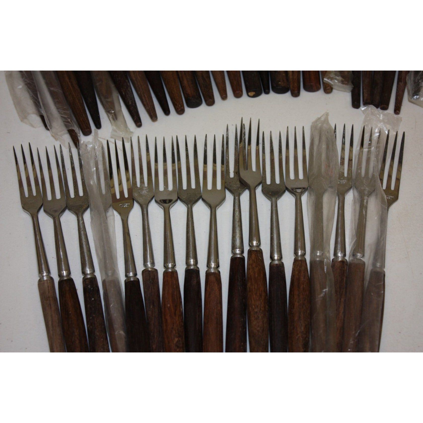 Large Lot of 43 Vintage Danish MCM Stainless Steel Fondue Forks, Teak Handles