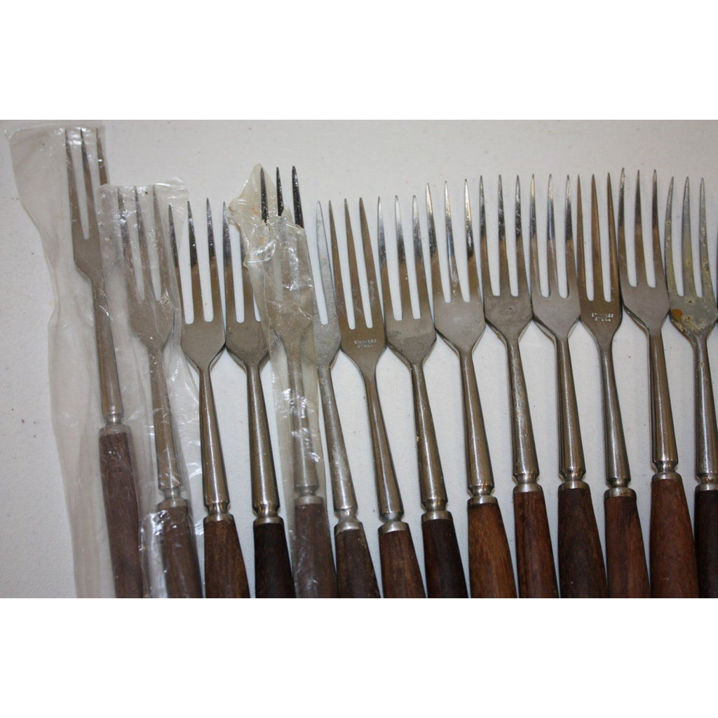 Large Lot of 43 Vintage Danish MCM Stainless Steel Fondue Forks, Teak Handles