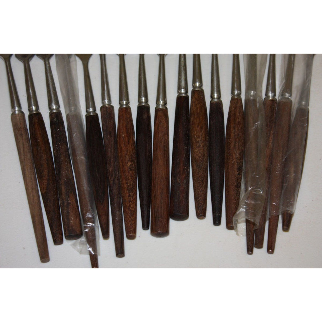 Large Lot of 43 Vintage Danish MCM Stainless Steel Fondue Forks, Teak Handles