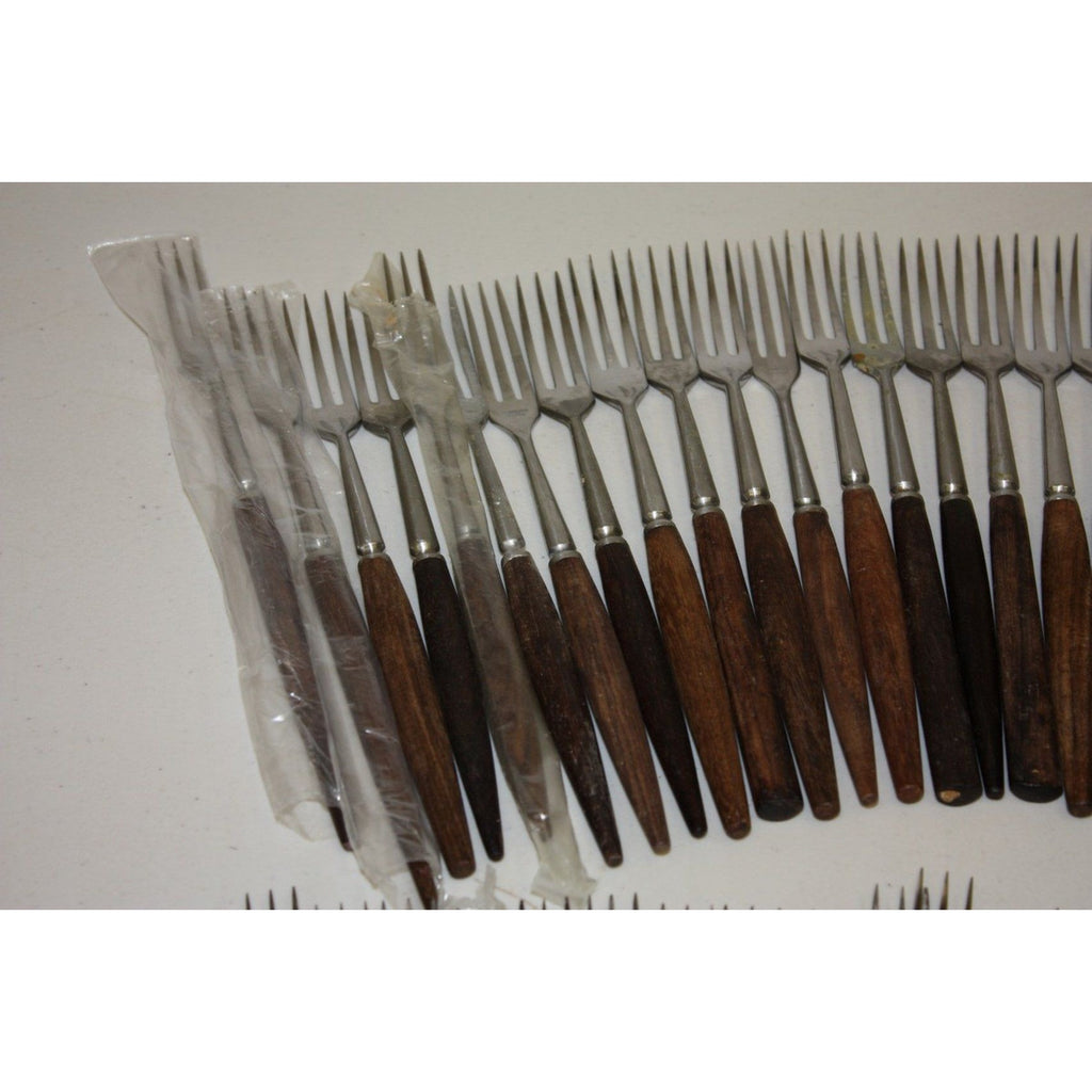 Large Lot of 43 Vintage Danish MCM Stainless Steel Fondue Forks, Teak Handles