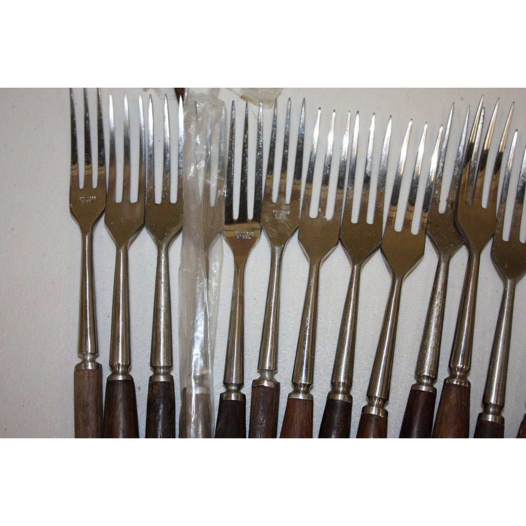Large Lot of 43 Vintage Danish MCM Stainless Steel Fondue Forks, Teak Handles