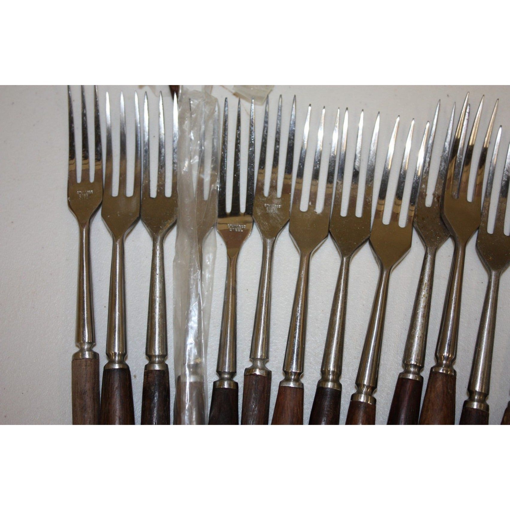 Large Lot of 43 Vintage Danish MCM Stainless Steel Fondue Forks, Teak Handles
