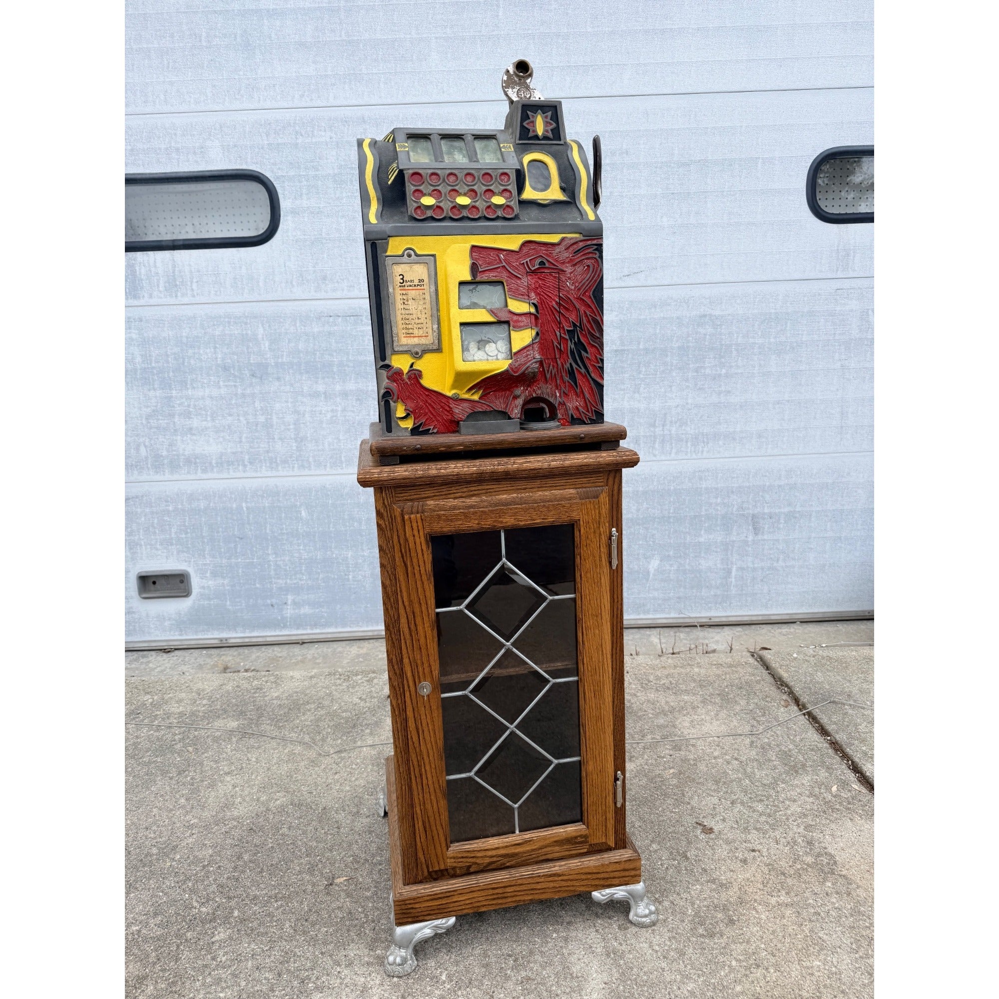 Vintage Slot Machine Stand Leaded Glass Door Cabinet