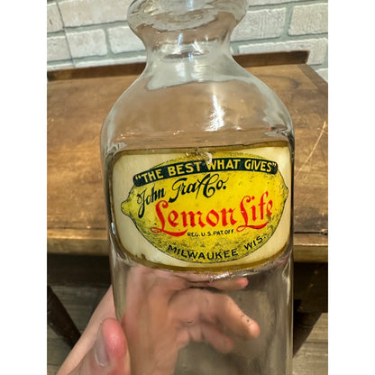 EARLY VINTAGE JOHN GRAF LABEL UNDER GLASS LEMON LIFE SYRUP BOTTLE MILWAUKEE WIS